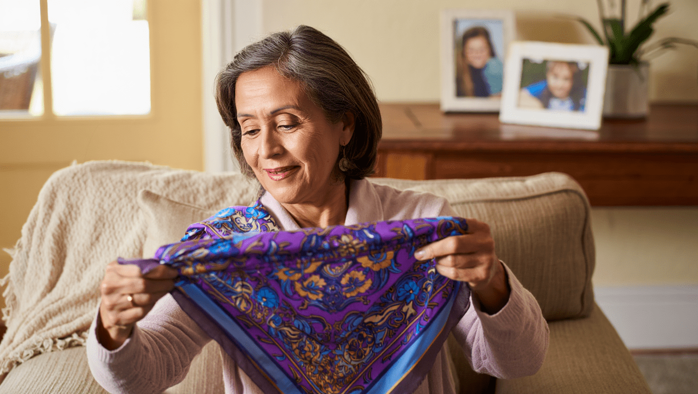 idee-cadeau-femme-60-ans recevant un joli foulard en soie violet et bleu