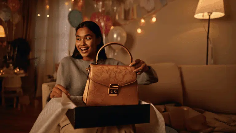 cadeau anniversaire femme recevant un sac de luxe pour son anniversaire dans son salon décoré avec ballons d'anniversaire