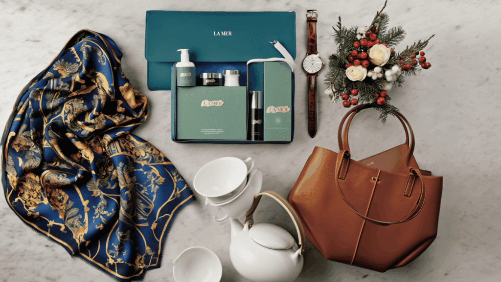 références-idee-cadeau-femme-60-ans bijoux théières fleurs roses blanches bougies foulard bijoux livres