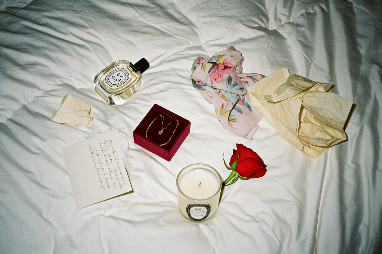 Bougie et accessoires personnalisés en flat lay