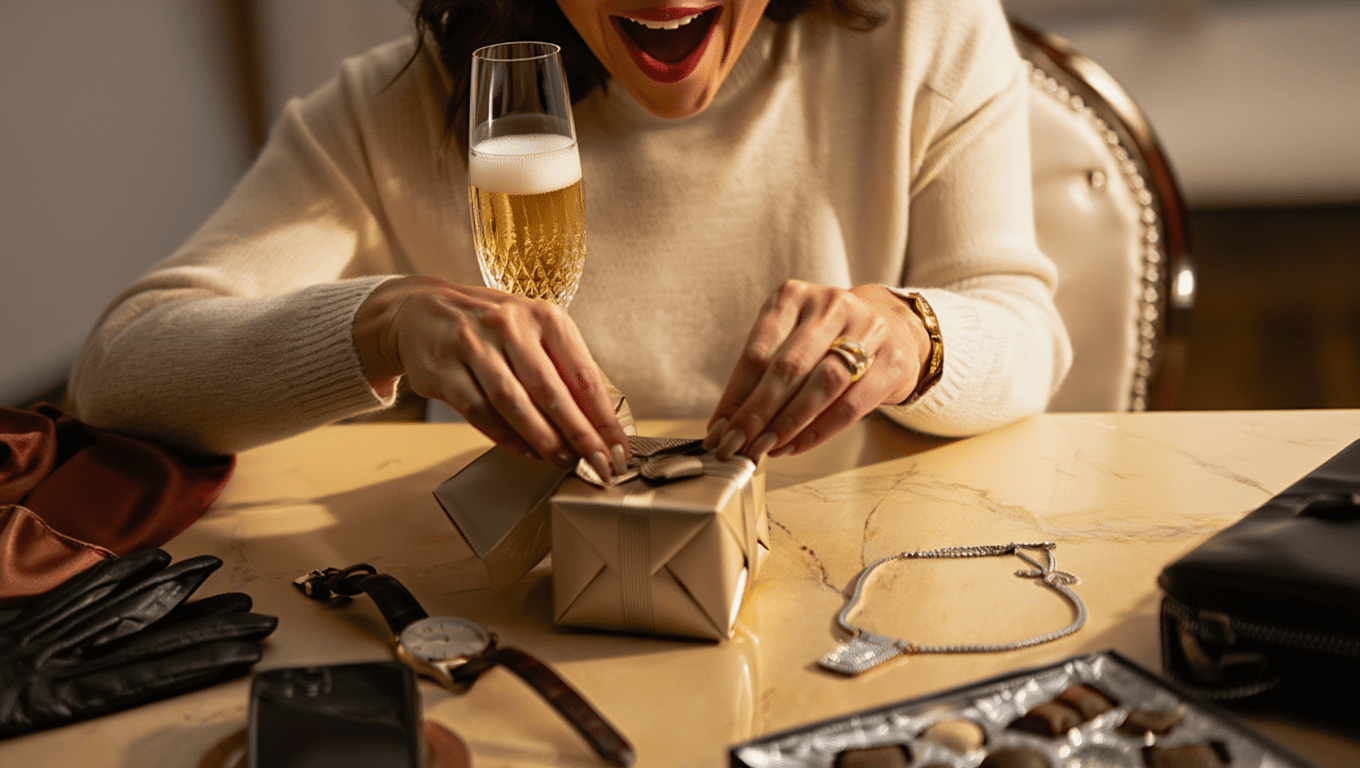 cadeaux-luxe femme reçoit des cadeaux avec coupe de champagne chocolats montre collier carré de soie gants sac à main