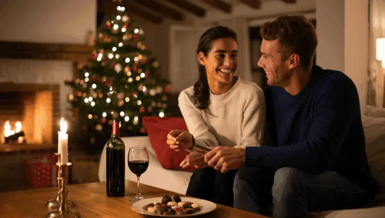 cadeaux-noel-couple déguste des chocolats dans le salon avec un verre de vin à côté du sapin