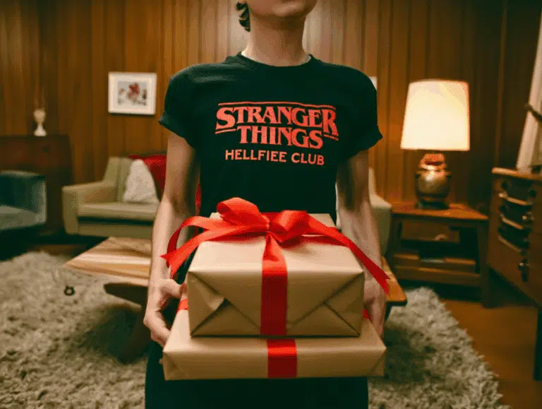 cadeaux-noel-stranger-things jeune femme emballe tient des cadeaux dans ambiance années 80