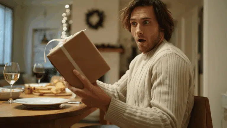 cadeau-noel-homme surpris reçoit un cadeau à table à Noël
