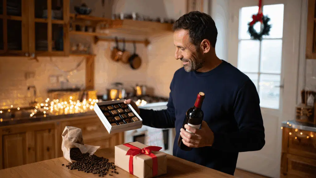 cadeau-noel-papa reçoit ses cadeaux chocolats café et bouteille de vin