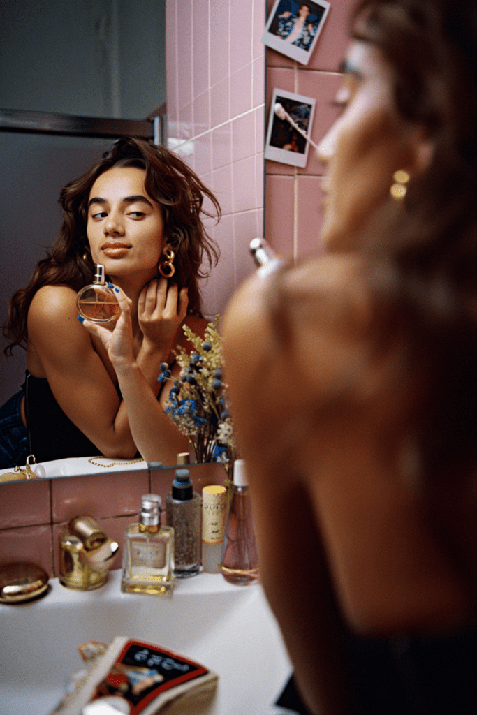 femme de 20 ans pose avec parfums en cadeaux